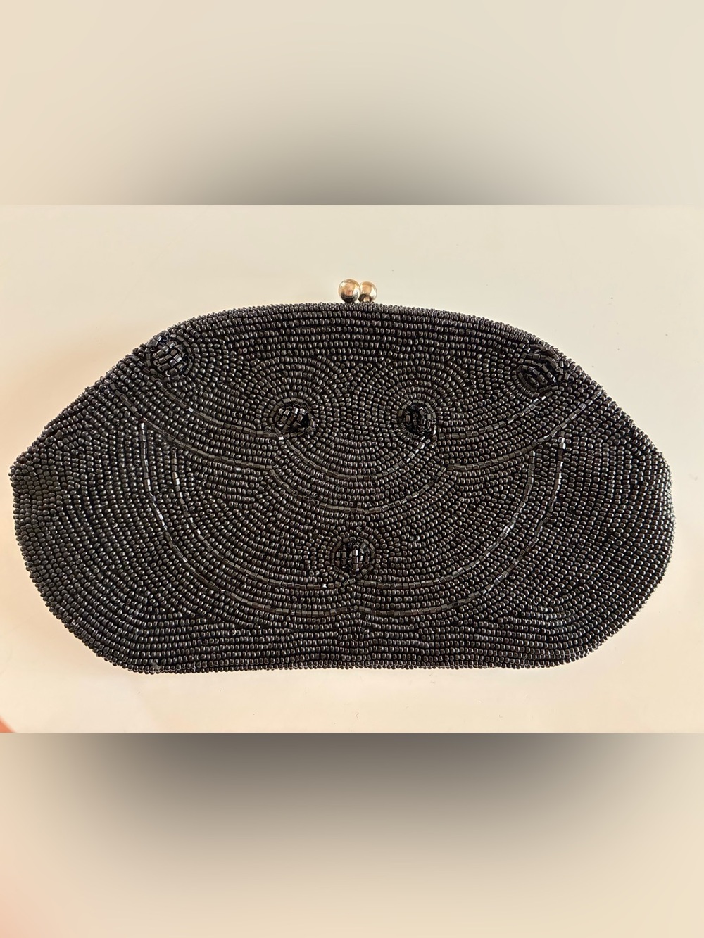 40s Made in Japan Ladies Hand-Beaded Black Evening Clutch with Kiss-Lock Closure